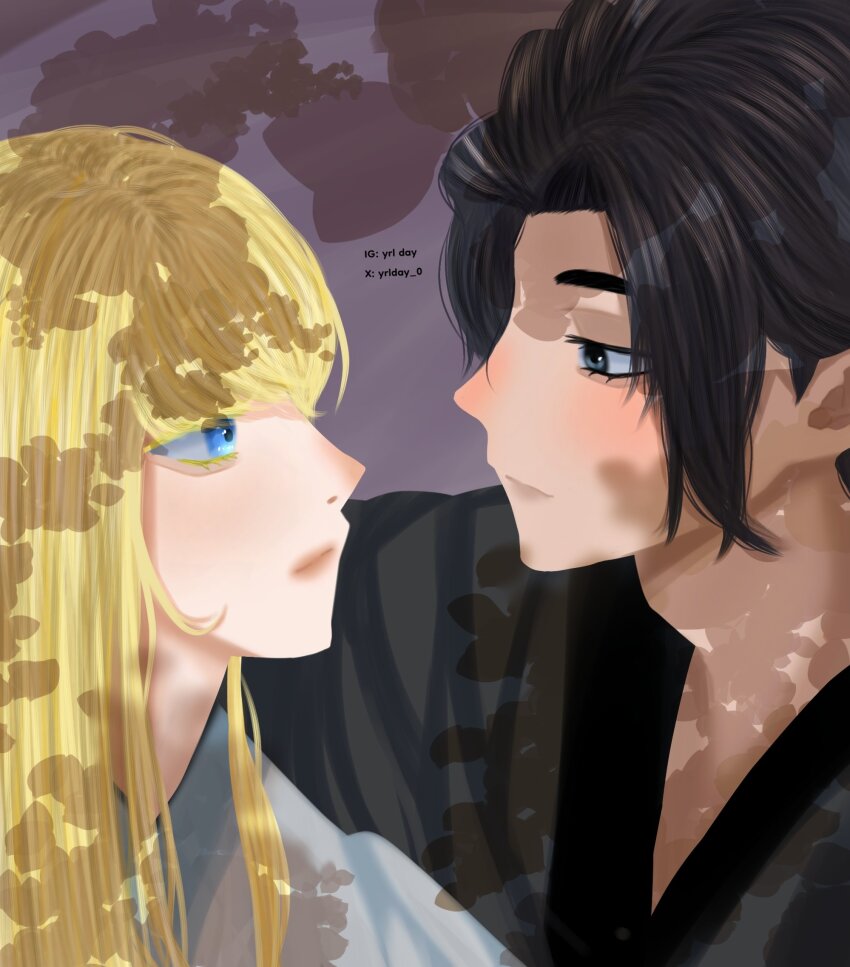 1boy 1girl annette_(isekai_shikkaku) artist_name black_hair blonde_hair blue_eyes dazai_osamu_(isekai_shikkaku) elf grey_eyes half-closed_eyes highres isekai_shikkaku japanese_clothes long_hair looking_at_another pink_lips pointy_ears short_hair