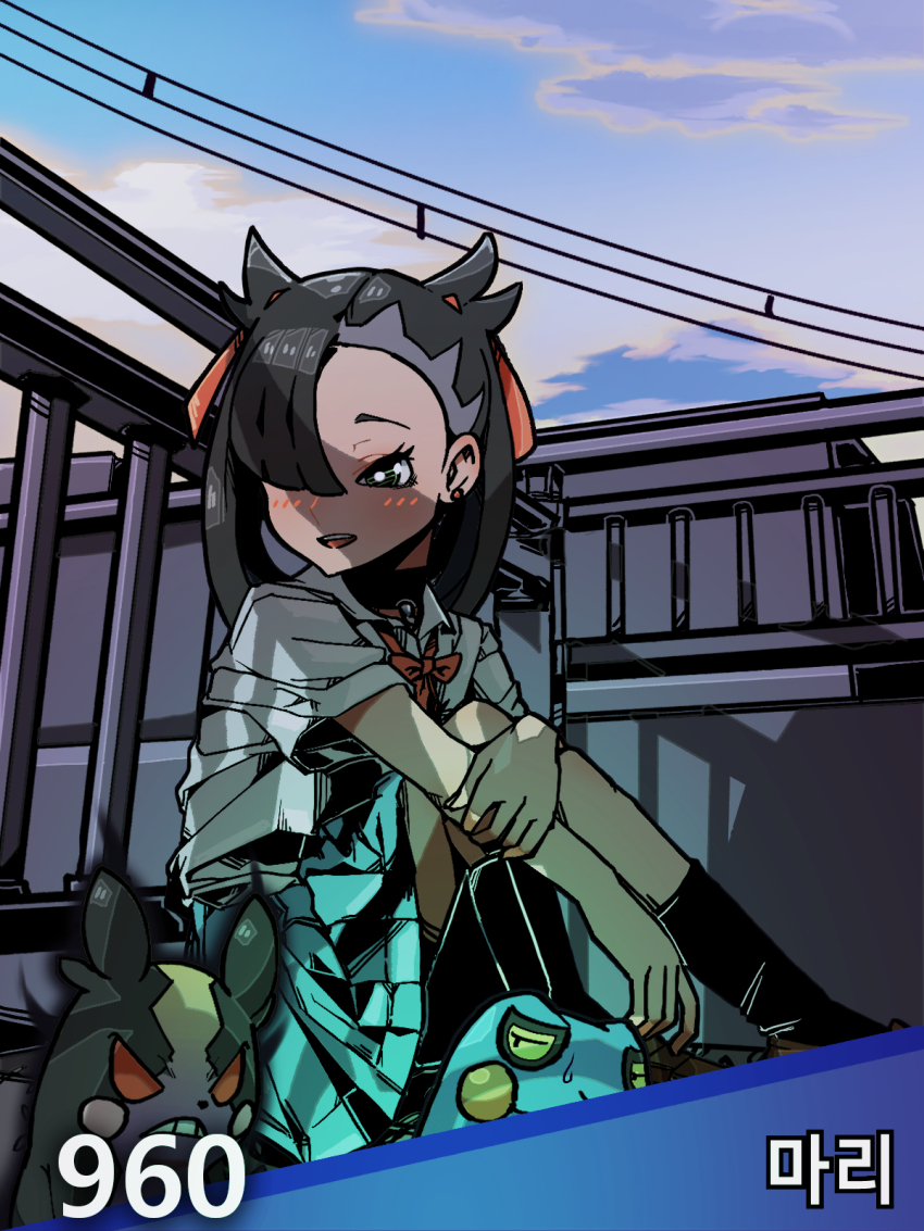 1girl 2049_(hh5566) aqua_eyes asymmetrical_bangs black_hair blouse child clenched_hand collared_shirt croagunk earrings eyelashes female_focus flat_chest gen_4_pokemon gen_8_pokemon hair_ornament hair_over_one_eye happy highres holding_own_arm jewelry knees_to_chest korean_text legs light_blush long_hair looking_at_another marnie_(pokemon) miniskirt morpeko neck neck_ribbon nintendo numbered outdoors pokemon pokemon_(creature) pokemon_swsh ribbon school_uniform shirt short_sleeves sideways_glance skirt smile socks thighs trading_card turning_head twintails undercut