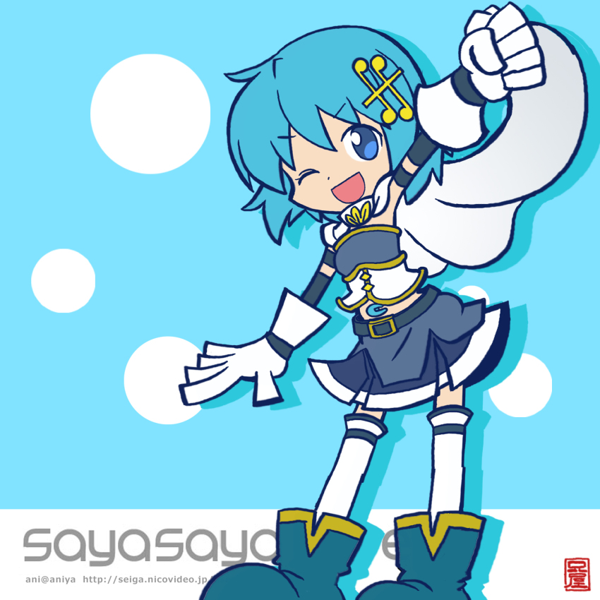 1girl ani_(aniya) armband blue_eyes blue_hair cape chibi compile female_focus fortissimo gloves hair_ornament hairclip highres madou_monogatari magical_girl mahou_shoujo_madoka_magica mahou_shoujo_madoka_magica_(anime) mahou_shoujo_madoka_magica_movie_1_&amp;_2 matching_hair/eyes miki_sayaka miki_sayaka_(magical_girl) musical_note musical_note_hair_ornament one_eye_closed parody puyopuyo puyopuyo_fever shaft_(company) solo soul_gem style_parody thighhighs zettai_ryouiki