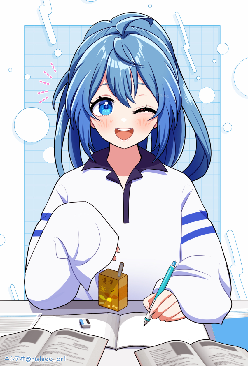 1girl ahoge blue_eyes blue_hair blush book collared_shirt colorful_peach commentary_request eraser highres holding holding_pencil juice_box long_hair long_sleeves mechanical_pencil nishi_ao one_eye_closed open_book open_mouth pencil ponytail runa_(colorful_peach) shirt sleeves_past_wrists smile solo table upper_body