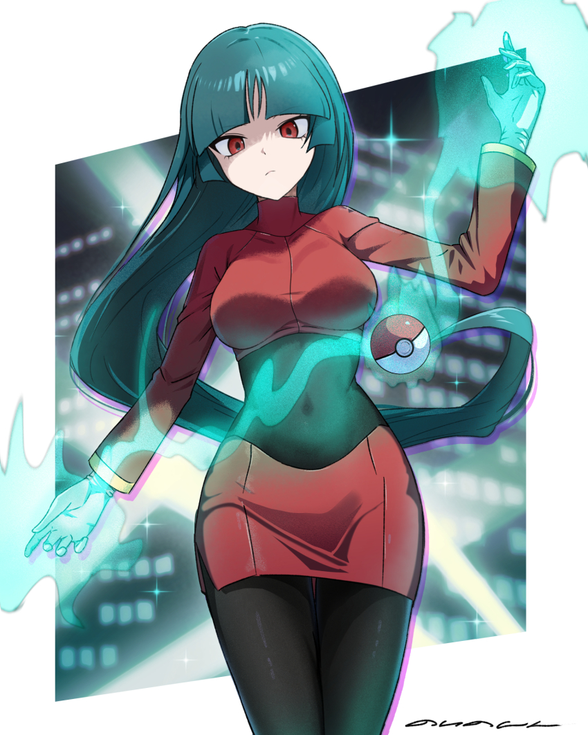1girl black_bodysuit bodysuit bodysuit_under_clothes border breasts closed_mouth commentary_request covered_navel cowboy_shot floating_hair frown gloves green_hair hand_up highres jacket long_hair long_sleeves looking_down nintendo noinoshi outside_border poke_ball poke_ball_(basic) pokemon pokemon_frlg psychic red_eyes red_jacket red_skirt sabrina_(pokemon) side_slit skirt solo sparkle telekinesis very_long_hair white_border white_gloves