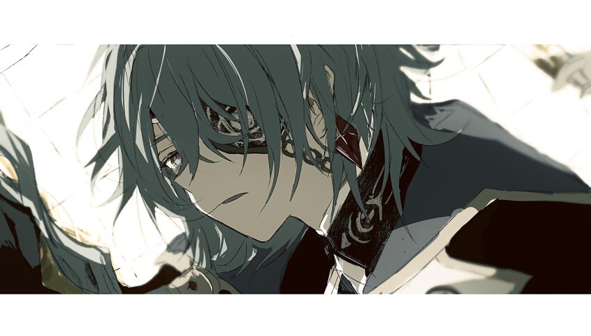 1boy anaxa_(honkai:_star_rail) aqua_hair border chain close-up eyepatch gumi_min08 half-closed_eyes highres honkai:_star_rail honkai_(series) looking_at_viewer male_focus medium_hair parted_lips side_ponytail solo upper_body white_background white_border