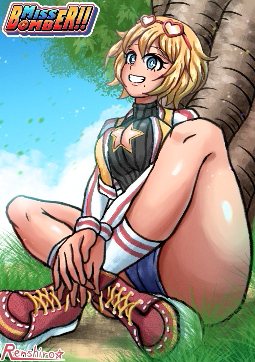 1girl 2021 absurdres black_sweater blazer blonde_hair blue_eyes blush breasts casual cleavage clothing_cutout cloud cloudy_sky collarbone commentary day denim denim_shorts english_commentary female_focus foreshortening grass grin head_tilt highres indian_style jacket large_breasts letterman_jacket micro_shorts midriff miss_bomber!! miss_bomber_(character) mole mole_under_mouth nature open_clothes original outdoors own_hands_together red_shoes shiny_skin shoes shorts simple_background sitting sky smile solo star_(symbol) sweater swept_bangs tareme taut_clothes tonshirou_(christar) tree turtleneck turtleneck_sweater whale_tail_(clothing) yellow_jacket yellow_pupils