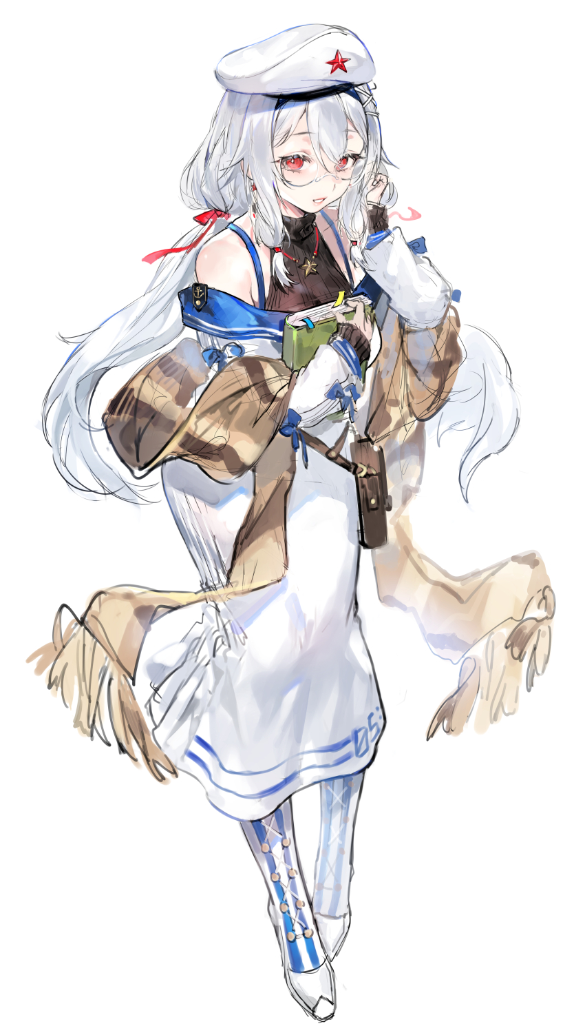 1girl absurdres bag bare_shoulders beret book boots dress fingerless_gloves full_body glasses gloves hair_between_eyes hair_ribbon hat hat_ornament highres holding holding_book jacket jewelry jiujiang_(warship_girls_r) long_hair long_skirt long_sleeves looking_at_viewer low-tied_sidelocks low_twintails necklace off_shoulder red_eyes red_ribbon red_star ribbon sidelocks simple_background skirt smile solo star_(symbol) star_hat_ornament star_necklace twintails warship_girls_r white_background white_hair xiangchizhubijin