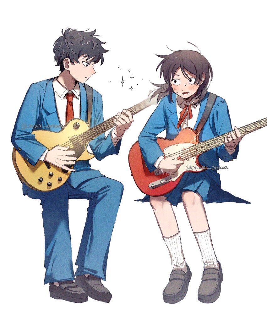 1boy 1girl black_eyes black_hair blazer blue_jacket blue_pants blue_skirt blush brown_hair collared_shirt commentary dress_shirt electric_guitar fender_telecaster futsuu_no_keion-bu gibson_les_paul grey_eyes guitar guitar_strap hatono_chihiro highres holding holding_plectrum instrument invisible_chair jacket loafers looking_at_another medium_hair mizuo_haruichi music neck_ribbon necktie oniwa_028 open_mouth pants playing_guitar playing_instrument pleated_skirt plectrum red_necktie red_ribbon ribbon school_uniform shirt shoes short_hair simple_background sitting skirt socks sparkle twitter_username white_background white_shirt white_socks wing_collar