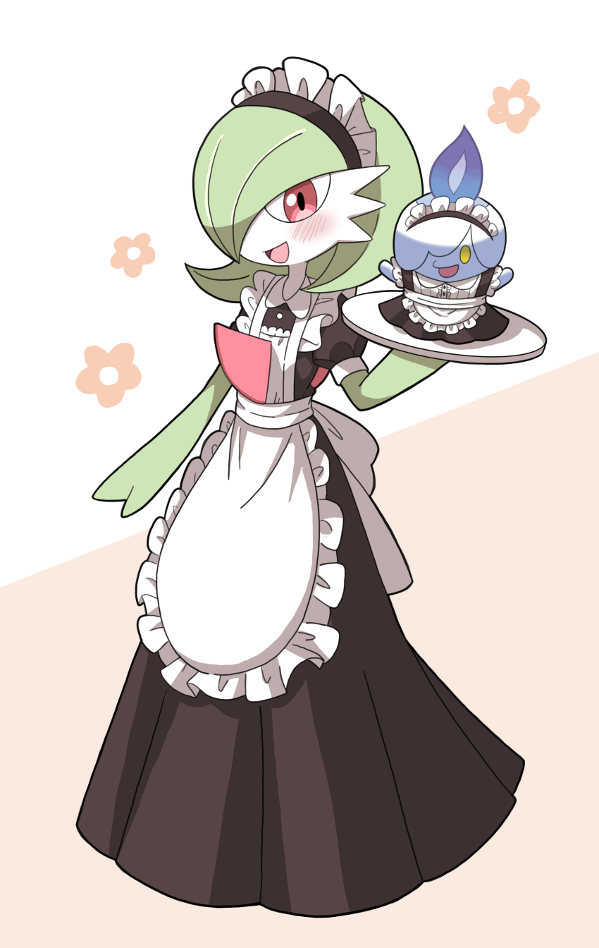 1girl apron arm_at_side arms_up back_bow black_dress blank_eyes blue_fire blush bob_cut bow clothed_pokemon collared_dress colored_skin dress female_focus fire flat_chest floral_background frilled_apron frills full_body gardevoir gen_3_pokemon gen_5_pokemon green_hair green_skin hair_over_one_eye hand_up happy holding holding_tray jmsleo litwick long_dress looking_at_viewer maid maid_apron maid_headdress multicolored_skin nintendo one_eye_covered open_mouth orange_background pokemon pokemon_(creature) puffy_short_sleeves puffy_sleeves red_eyes short_hair short_sleeves smile solo_focus standing tray two-tone_skin white_apron white_skin yellow_eyes