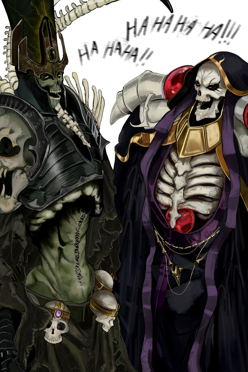 2boys absurdres ainz_ooal_gown black_cloak black_sclera bone cloak colored_sclera crossover green_eyes headdress highres hood hooded_cloak kkghost_tv laughing lich multiple_boys nagash necromancer overlord_(maruyama) red_eyes ribs skeleton skull stitched_torso stitches undead warhammer_fantasy