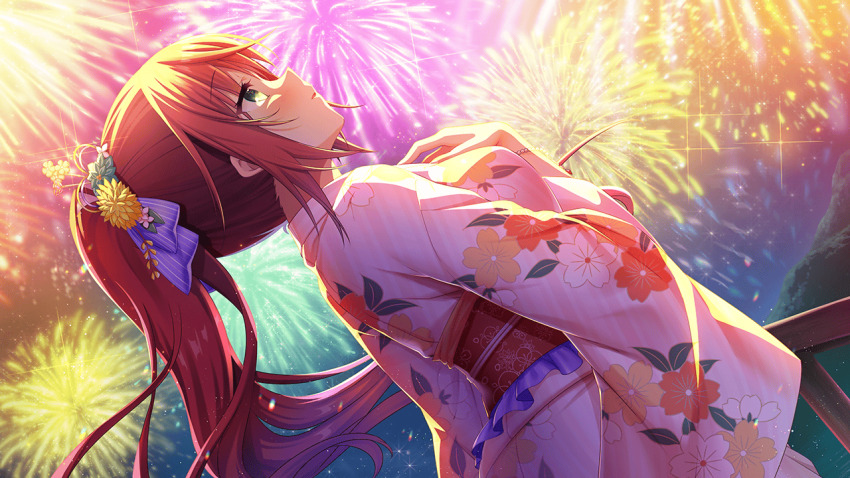 1girl aerial_fireworks akai_asaka aurora blue_kimono blush bow breasts brown_hair cherry_blossom_print city_lights cloud constellation crescent_moon deep_one_kyomu_to_mugen_no_fragment diffraction_spikes dress festival fireworks floral_print flower from_side full_moon galaxy green_eyes hair_bow hair_flower hair_ornament hand_on_own_chest hat japanese_clothes kimono leaf_print lens_flare light_particles long_hair milky_way moon natsuhiko night night_sky non-web_source obi outdoors pink_kimono ponytail print_dress print_kimono profile purple_kimono red_hair red_kimono ribbon rose_print sash shooting_star sidelocks sky snowflake_print solo space sparkle sparkle_background sparkler star_(sky) starry_sky starry_sky_print straw_hat summer_festival sun sunflower sunflower_hair_ornament sunset tanabata twintails upper_body wide_sleeves yukata