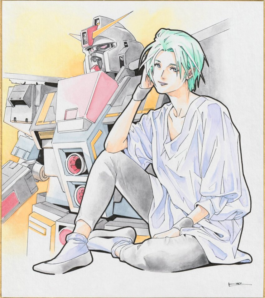 1girl aqua_hair beam_cannon chest_cannon commentary_request four_murasame gundam highres ikeda_kazuhiro looking_at_viewer machinery mecha mobile_suit psycho_gundam realistic robot science_fiction short_hair signature sitting titans_(gundam) wristband zeta_gundam