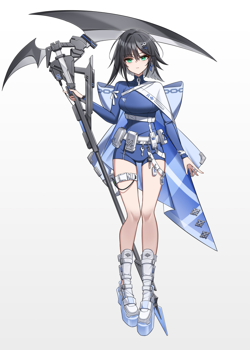 1girl abigail_(black_survival) absurdres black_hair black_survival blue_shirt blue_shorts boots breasts cape closed_mouth commentary covered_groin eternal_return:_black_survival full_body gradient_background green_eyes grey_background hair_between_eyes hair_ornament highres holding holding_scythe long_sleeves looking_at_viewer medium_breasts scythe shirt shorts side_cape solo white_background white_boots white_cape yeong_r6