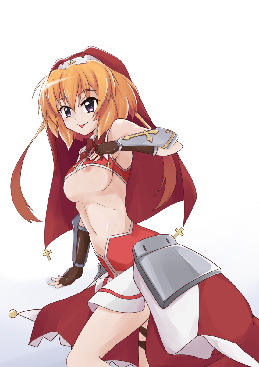 10s 1girl blush breasts chantez_apinion highres lyrical_nanoha mahou_shoujo_lyrical_nanoha_vivid nun orange_hair photo_(moeeki) purple_eyes small_breasts underboob