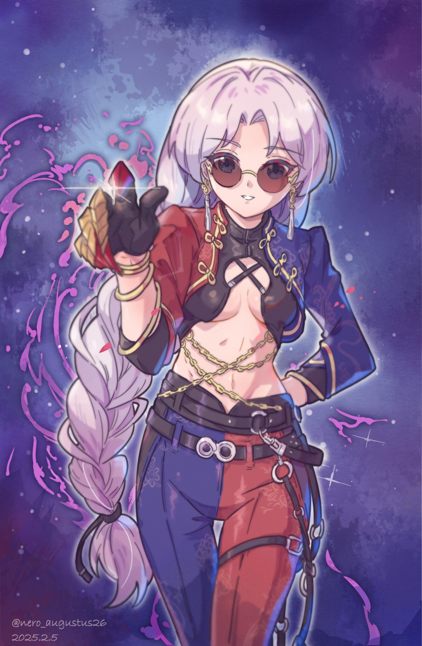 1girl a.k.i._(street_fighter) a.k.i._(street_fighter)_(cosplay) absurdres black_gloves blue_eyes braid breasts claw_ring commentary_request cosplay earrings gloves grey_hair hand_on_own_hip highres jewelry long_hair looking_at_viewer midriff nero_augustus pants parted_lips round_eyewear small_breasts solo street_fighter street_fighter_6 sunglasses touhou very_long_hair yagokoro_eirin