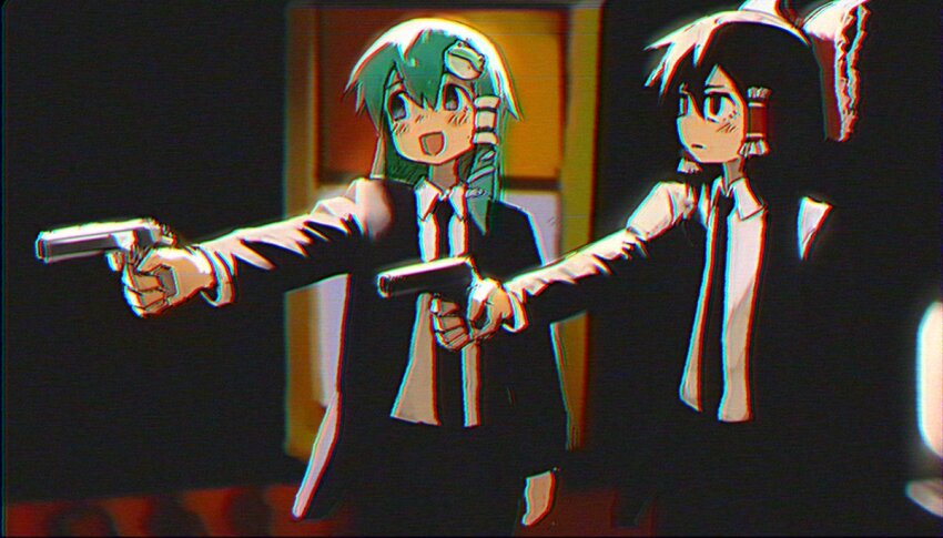 2girls black_jacket black_necktie black_pants bow brown_hair chromatic_aberration cosplay formal_clothes frog_hair_ornament green_hair gun hair_bow hair_ornament hakurei_reimu handgun jacket jules_winnfield jules_winnfield_(cosplay) kochiya_sanae looking_at_another multiple_girls nagilamagykalz necktie open_clothes open_jacket pants pulp_fiction red_bow scene_reference shirt suit touhou vhs_artifacts vincent_vega vincent_vega_(cosplay) weapon white_shirt