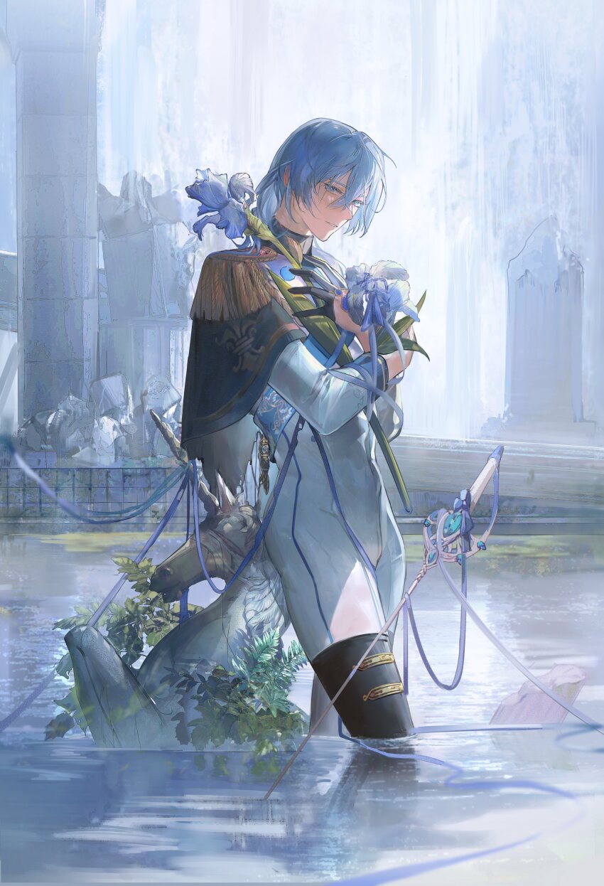 1boy absurdres black_boots black_capelet black_gloves blue_eyes blue_flower blue_gemstone blue_hair blue_ribbon bodysuit boots capelet commentary edmond_(nu_carnival) epaulettes feet_out_of_frame fern flower gem gloves gtcpst hair_between_eyes hair_down half_gloves hand_on_own_chest highres holding holding_flower iris_(flower) long_hair long_sleeves looking_at_viewer male_focus nu_carnival pillar plant planted planted_sword planted_weapon ribbon rubble ruins sash shoulder_sash sideways_glance solo standing sword symbol-only_commentary thigh_boots torn_capelet torn_clothes wading water weapon white_bodysuit white_flower wooden_horse