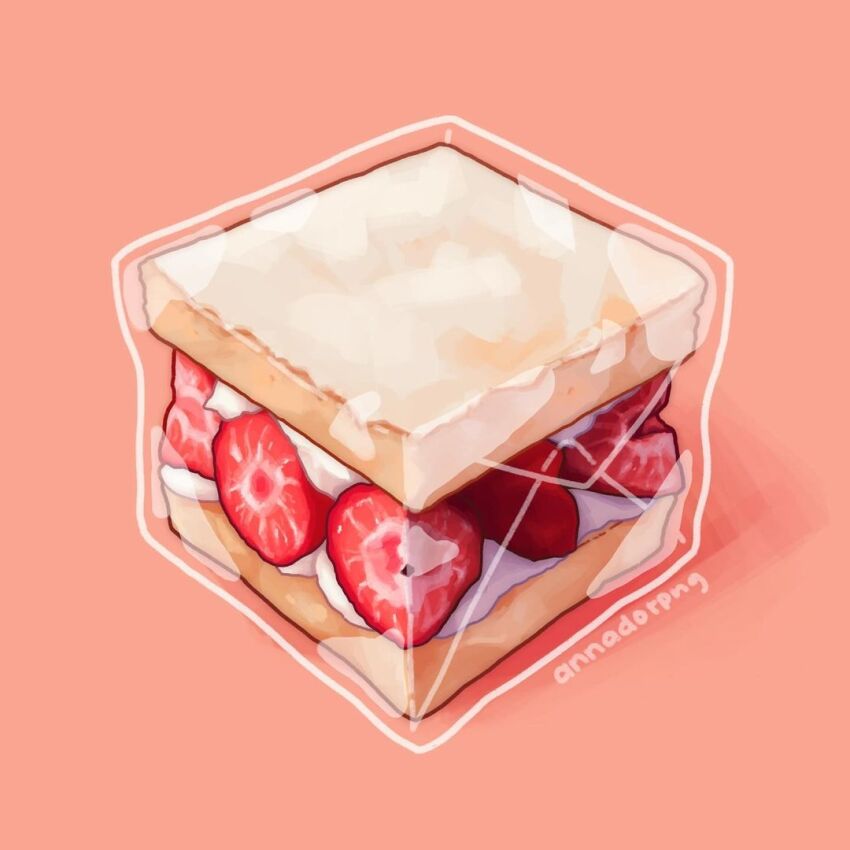 annadotpng artist_name commentary english_commentary food food_focus fruit ice_cream ice_cream_sandwich no_humans original plastic_wrap red_background shadow strawberry strawberry_slice