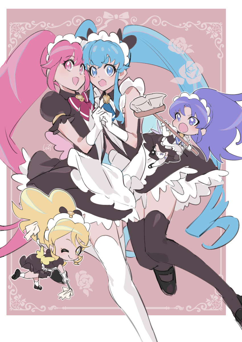 4girls :d :o absurdres aino_megumi alternate_costume black_shirt black_skirt black_thighhighs blonde_hair blue_eyes blue_hair border broom cure_fortune cure_honey cure_lovely cure_princess enmaided floating_hair gloves happinesscharge_precure! high_ponytail highres hikawa_iona holding holding_broom holding_hands interlocked_fingers long_hair maid maid_headdress miniskirt multiple_girls oomori_yuuko open_mouth outside_border pink_eyes pink_hair ponytail precure purple_eyes purple_hair shipu_(gassyumaron) shirayuki_hime shirt short_sleeves sketch skirt smile thighhighs twintails very_long_hair white_border white_gloves white_thighhighs zettai_ryouiki