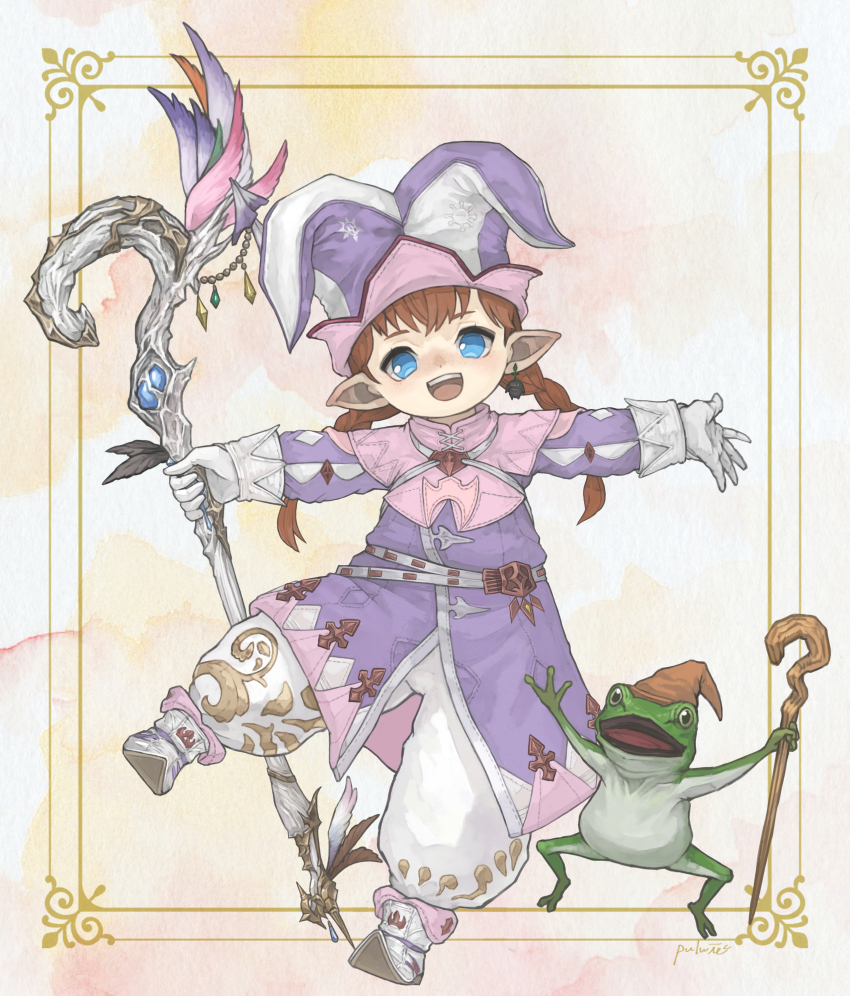 1girl absurdres baggy_pants blue_eyes braid brown_hair brown_hat capelet coat commission embroidery final_fantasy final_fantasy_xiv flat_chest frog full_body gloves gold_trim hat highres holding holding_staff jester_cap jester_costume jumping lalafell mage_staff open_mouth outstretched_arms pants pink_capelet pointy_ears pointy_footwear puluie purple_coat smile solo spread_arms staff standing standing_on_one_leg teeth twin_braids upper_teeth_only warrior_of_light_(ff14) white_footwear white_gloves white_pants