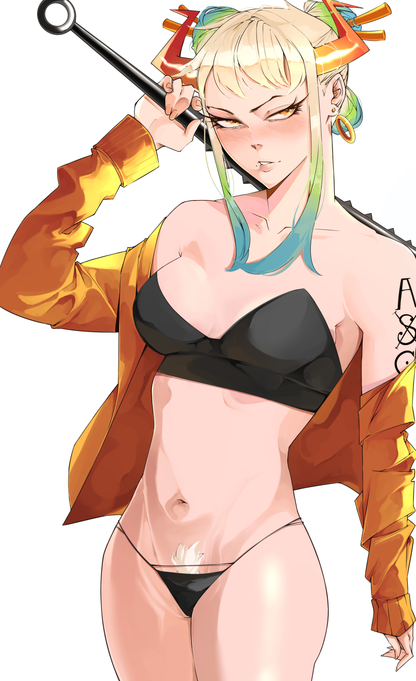 1girl absurdres bare_shoulders black_bra black_panties black_underwear blonde_hair blue_hair blush bra breasts cleavage closed_mouth club_(weapon) collarbone cowboy_shot curled_horns earrings female_pubic_hair green_hair hair_bun hair_ornament hair_stick highres holding holding_weapon hoop_earrings horns jacket jewelry jobin_chan long_hair long_sleeves looking_at_viewer medium_breasts multicolored_hair multicolored_horns navel off_shoulder oni open_clothes open_jacket orange_eyes panties pubic_hair pubic_hair_peek red_horns sidelocks simple_background solo standing stomach strapless strapless_bra tattoo underwear weapon white_background yamato_(one_piece) yellow_eyes
