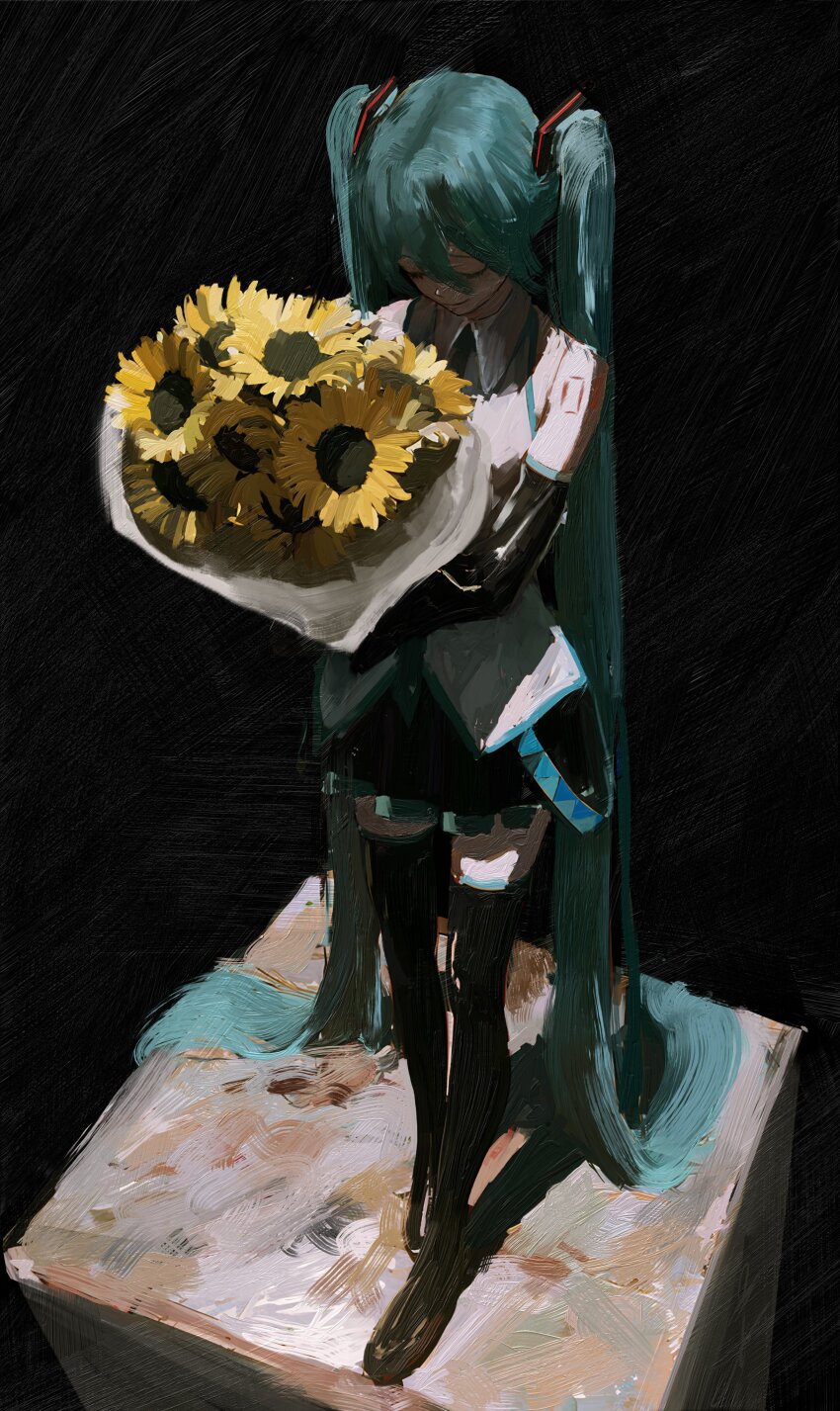 1girl absurdly_long_hair absurdres aqua_hair aqua_necktie bare_shoulders black_background black_skirt black_sleeves black_thighhighs boots bouquet brush_stroke closed_eyes closed_mouth collared_shirt daodtt detached_sleeves flower full_body grey_shirt hair_ornament hatsune_miku highres holding holding_bouquet holding_flower long_hair miniskirt necktie pleated_skirt shirt shoulder_tattoo skirt sleeveless sleeveless_shirt solo standing sunflower tattoo thigh_boots thighhighs traditional_media twintails very_long_hair vocaloid yellow_flower zettai_ryouiki