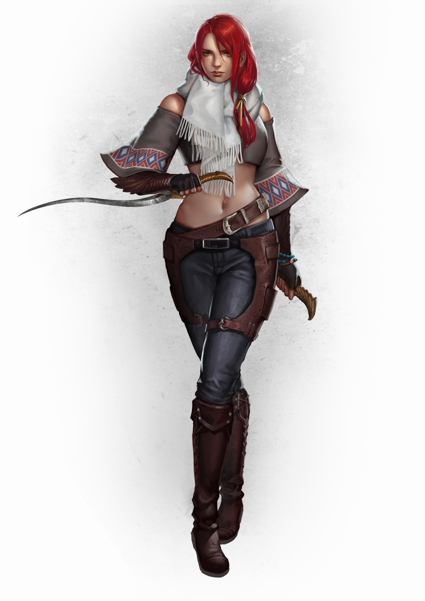 1girl absurdres alternate_costume bare_shoulders beads belt belt_buckle black_gloves boots bracelet brown_boots buckle closed_mouth dagger devil_may_cry devil_may_cry_(series) devil_may_cry_2 female_focus fingerless_gloves full_body gloves green_eyes hair_between_eyes highres holding holding_dagger holding_knife holding_weapon jewelry knife lucia_(devil_may_cry) medium_hair navel red_hair scarf skull solo standing to_hsu weapon white_scarf