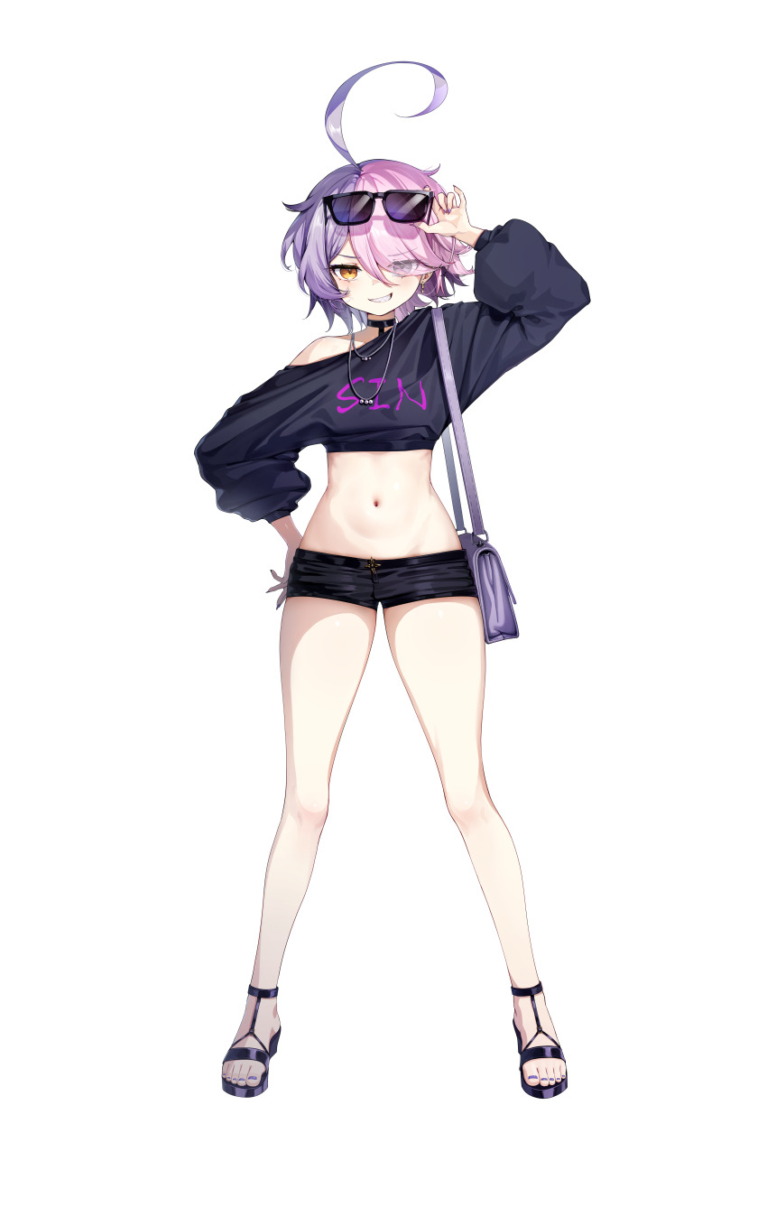 1girl absurdres ahoge bag benghuai_xueyuan black_choker black_sweater choker commentary_request earrings full_body grin highres honkai_(series) jewelry micro_shorts midriff multicolored_hair nail_polish navel necklace pink_hair purple_eyes purple_hair purple_nails sandals sharp_teeth short_hair short_shorts shorts shoulder_bag simple_background sin_mal sin_mal0909 smile solo stomach stomatch sunglasses sweater teeth toenail_polish toenails toes two-tone_hair white_background yellow_eyes