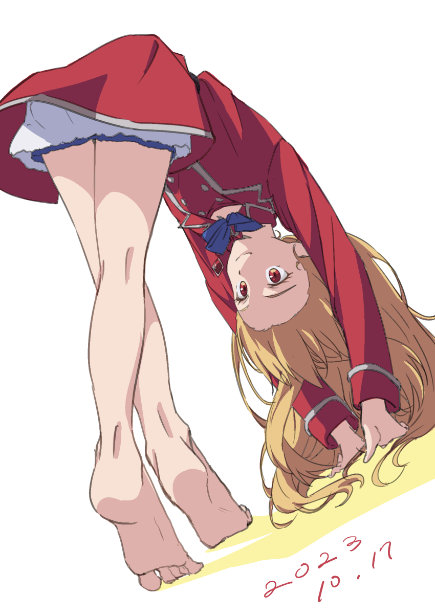 1girl all_fours bare_legs barefoot bent_over blonde_hair bloomers bow bowtie feet full_body highres hikikomari_kyuuketsuki_no_monmon jacket legs papiyon1297 red_eyes red_jacket red_skirt red_uniform skirt smile soles solo terakomari_gandezblood toes underwear