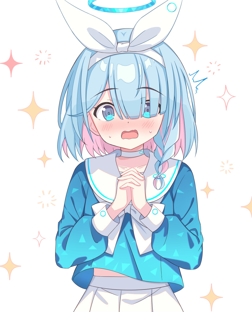 1girl absurdres arona_(blue_archive) blue_archive blue_eyes blue_hair blue_halo blue_shirt blush bow_hairband braid choker colored_inner_hair commentary hair_over_one_eye hairband halo highres long_sleeves looking_at_viewer multicolored_hair open_mouth own_hands_together sailor_collar school_uniform setteiset shirt short_hair single_braid skirt solo sparkle sweatdrop white_background white_choker white_hairband white_sailor_collar white_skirt