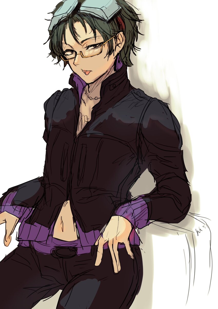 1boy black_hair glasses gnosia goggles green_hair highres jacket jewelry koyuuuuuuuuuuu long_sleeves looking_at_viewer male_focus necklace sha-ming shirt short_hair smile solo upper_body zipper