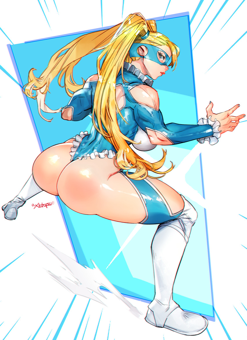 1girl absurdres artist_name ass blonde_hair blue_background blue_eyes blue_leotard blue_mask blue_nails blush boots chromatic_aberration commentary domino_mask emphasis_lines english_commentary from_behind full_body hand_up highres knee_boots leotard long_hair looking_at_viewer looking_back mask multicolored_background nail_polish nose_blush profile rainbow_mika sideways_glance solo squatting street_fighter toned toned_female topsu twintails white_background white_boots wrestling_mask wrestling_outfit xdtopsu01