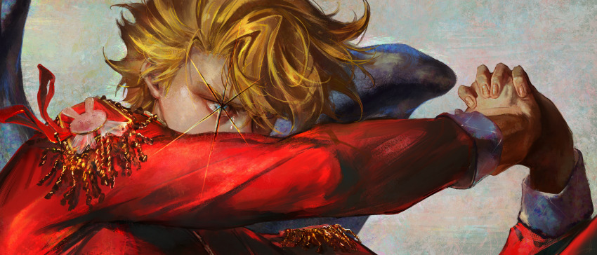 1boy absurdres black_wings blonde_hair blue_eyes fallen_angel_(painting) fine_art_parody highres hoshino_aquamarine hyde_(tabakko) jacket male_focus oshi_no_ko own_hands_clasped own_hands_together parody red_jacket short_hair single_tear solo wings