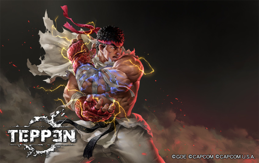 1boy aura baggy_pants bara bare_shoulders biceps commentary dougi electricity energy english_commentary eyebrows_visible_through_headband feet_out_of_frame fighting_stance fingerless_gloves forked_eyebrows from_side full_body gloves glowing glowing_fist glowing_hand headband highres jeremy_chong lightning male_focus mature_male mma_gloves muscular muscular_male official_art pants ryu_(street_fighter) shirt short_hair solo street_fighter teppen thick_eyebrows thick_thighs thighs torn_clothes torn_pants torn_shirt white_pants wind