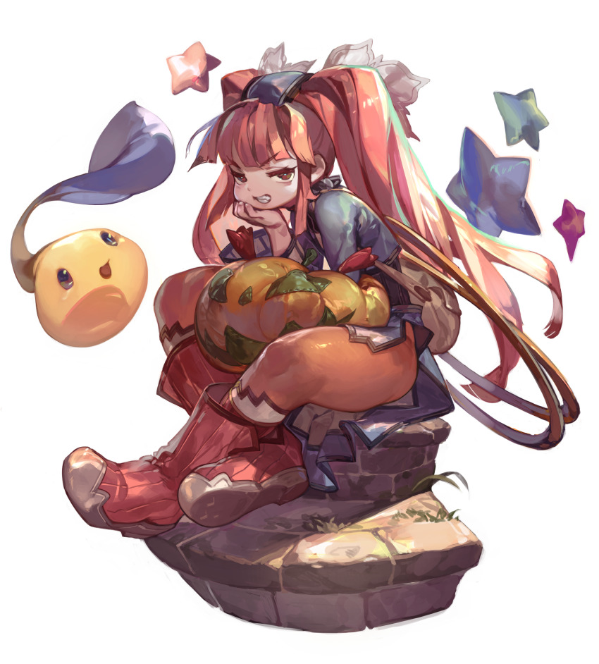 1girl blunt_bangs boots commentary_request dewprism full_body hair_ornament half-closed_eyes hand_on_own_chin highres hoop long_sleeves looking_at_viewer mint_(dewprism) monster orange_pantyhose pantyhose pollywog pumpkin red_eyes red_hair red_pantyhose sitting smile smug so-taro solo star_(symbol) thick_thighs thighs twintails weapon