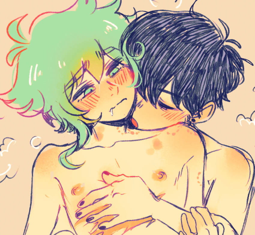 2boys ahoge basil_(omori) behind_another bite_mark bite_mark_on_arm bite_mark_on_neck bite_mark_on_shoulder bite_marks biting black_hair black_nails blush closed_eyes closed_mouth collarbone commentary_request drooling ear_piercing green_eyes green_hair hair_between_eyes hand_on_another&#039;s_chest hickey hickey_marks implied_sex looking_at_another looking_down male_focus mouth_drool multiple_boys nail_polish nipples nose_blush nude omori open_mouth piercing scar scar_on_chest short_hair sidelocks sintastein sunny_(omori) tagme topless_female topless_male trap wavy_mouth yaoi
