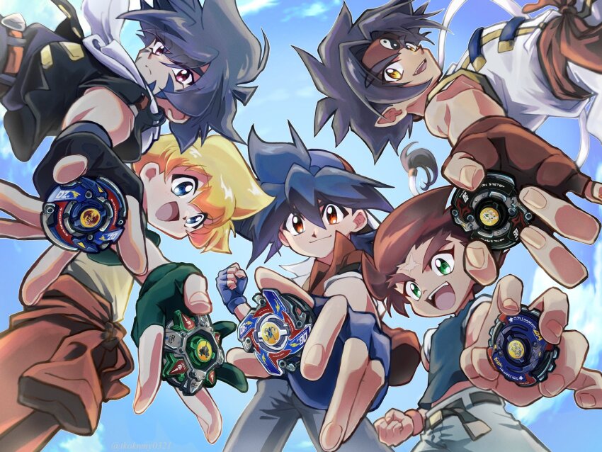 5boys bakuten_shoot_beyblade beyblade beyblade_(object) black_hair black_jacket blonde_hair blue_eyes blue_hair blue_shirt brown_eyes chinese_clothes close-up clothes_around_waist collar covered_eyes facial_tattoo green_collar green_shirt hair_over_eyes headband highres hiwatari_kai holding jacket jacket_around_waist kinomiya_takao kon_rei medium_hair mizuhara_max multiple_boys one_eye_closed purple_eyes red_eyes red_hair red_headband red_jacket scar scar_on_face scar_on_forehead shirt short_hair sleeves_rolled_up spiked_hair sumeragi_daichi tattoo tkoknmy0321 upper_body v white_shirt