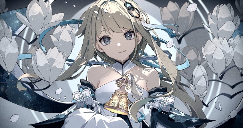 1girl bare_shoulders bell breasts cha_hanare commentary_request detached_sleeves dress film_grain flower full_moon genshin_impact grey_background grey_eyes guizhong_(genshin_impact) hair_ornament highres light_brown_hair long_hair looking_at_viewer moon small_breasts smile solo tassel tassel_hair_ornament upper_body white_dress white_flower white_sleeves