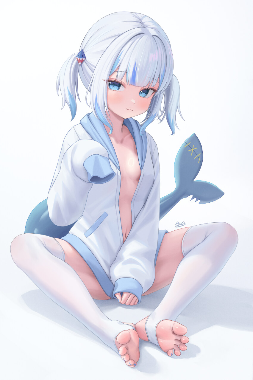 1girl :3 absurdres barefoot blue_eyes breasts feet fins fish_tail fpvjoe gawr_gura highres hololive hololive_english light_blush long_hair looking_at_viewer multicolored_hair no_bra open_clothes shark_tail small_breasts soles stirrup_legwear streaked_hair tail toeless_legwear toes twintails virtual_youtuber white_hair