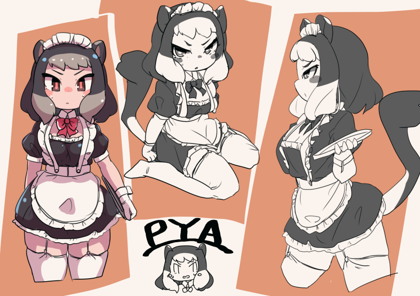 1girl alpine_marmot_(kemono_friends) alternate_costume animal_ears apron black_dress blush bow bowtie brown_eyes brown_hair detached_collar dress embarrassed enmaided frilled_apron frills garter_straps gloves hair_between_eyes highres kemono_friends looking_at_viewer maid maid_apron maid_headdress multicolored_hair multiple_views obobu_(sapnoji) puffy_short_sleeves puffy_sleeves red_bow red_bowtie short_sleeves sidelocks sitting squirrel_ears squirrel_girl squirrel_tail sweatdrop tail thighhighs tray two-tone_hair wariza white_apron white_gloves white_thighhighs white_trim zettai_ryouiki