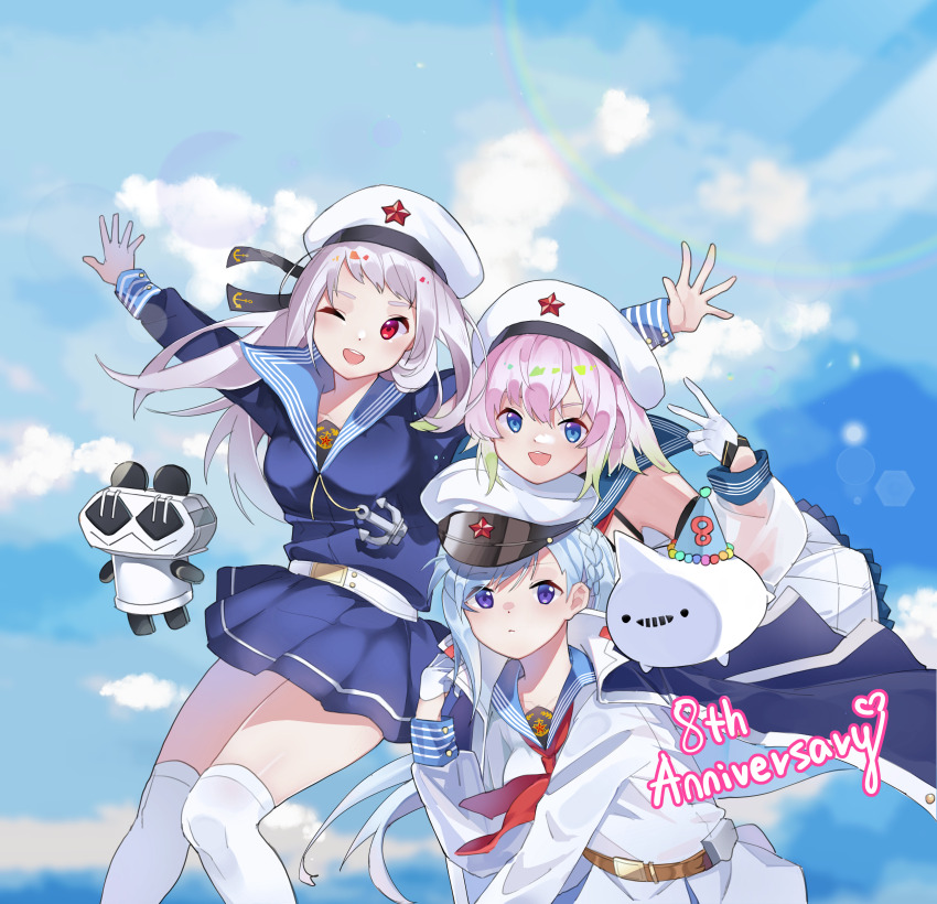 3girls ;d absurdres anshan_(warship_girls_r) aqua_hair belt beret blue_eyes blue_hair blue_skirt braid changchun_(warship_girls_r) cloud cloudy_sky colored_tips english_text galo_(warship_girls_r) gloves gradient_hair green_hair grey_hair hat hat_ornament highres jinan_(warship_girls_r) lanyue long_hair long_sleeves looking_at_viewer multicolored_hair multiple_girls one_eye_closed open_mouth panda peaked_cap pink_hair pleated_skirt purple_eyes red_eyes red_star sailor_collar shirt short_hair skirt sky smile star_(symbol) star_hat_ornament thighhighs warship_girls_r white_gloves white_hair