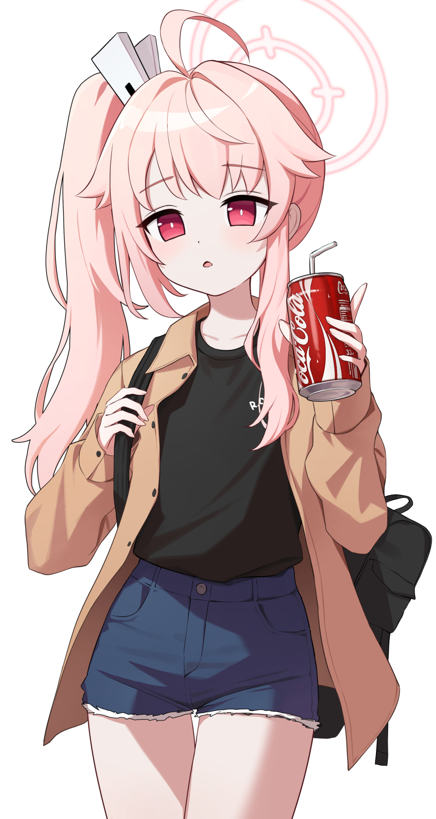 1girl absurdres ahoge bag black_shirt blue_archive brown_jacket can drink_can halo highres holding jacket long_hair natsu_(blue_archive) okkimon open_mouth pink_hair pink_halo red_eyes shirt shorts side_ponytail sidelocks