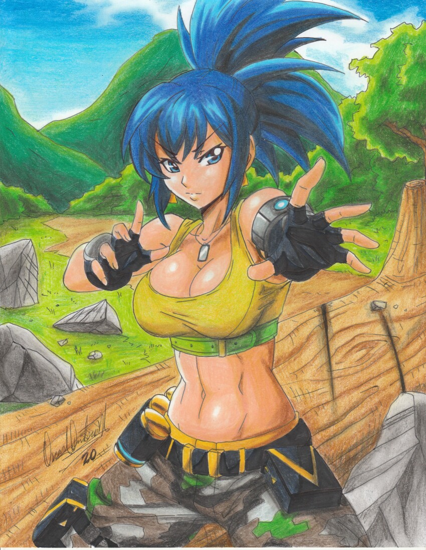 2020 absurdres artist_name bare_shoulders belt blue_eyes blue_hair breasts crop_top day earrings fingerless_gloves forest gloves highres jewelry large_breasts leona_heidern midriff military_pants mountainous_horizon nature navel neck necklace outdoors ponytail ravernclouk_design rock sidelocks sky snk the_king_of_fighters traditional_media tree triangle_earrings trunk wristband
