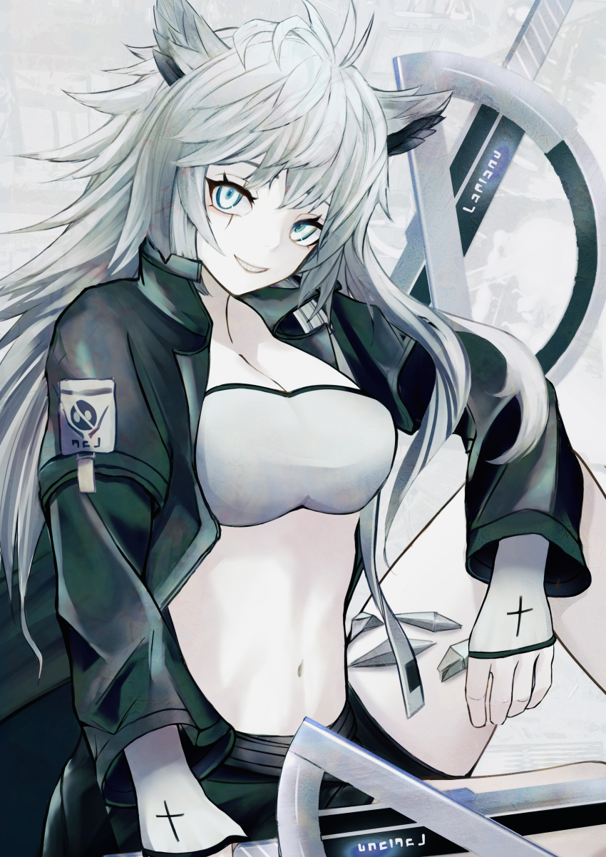 1girl absurdres animal_ear_fluff animal_ears arknights bandeau black_coat black_jacket black_shorts breasts coat cross cross_print_gloves gloves grey_bandeau grey_eyes grey_hair hair_between_eyes highres holding holding_sword holding_weapon jacket lappland_(arknights) large_breasts long_hair long_sleeves material_growth miura_koo navel oripathy_lesion_(arknights) scar scar_across_eye scar_on_face sharp_teeth shorts simple_background smirk solo sword teeth thighs weapon white_background wolf_ears wolf_girl
