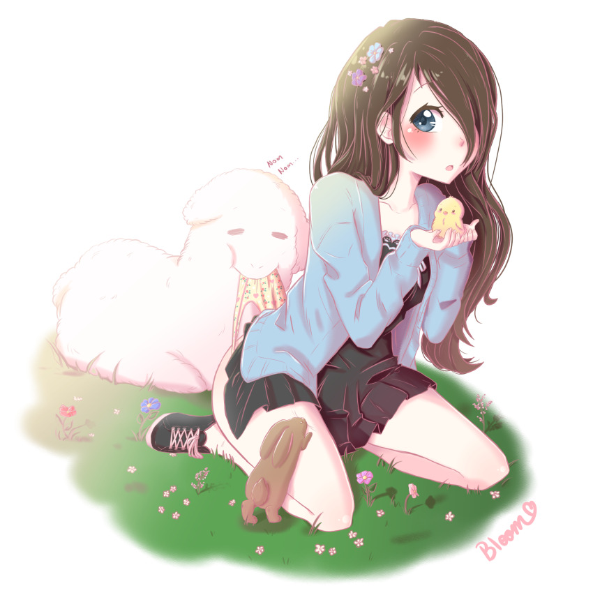 bird bloom225 blue_eyes blush brown_hair chick dress flower flower_panties flower_print hair_flower hair_ornament heart heart_panties heart_print jacket open_mouth panties payton polka_dot polka_dot_panties print_panties rabbit sheep shoes sneakers underwear wedgie yellow_panties