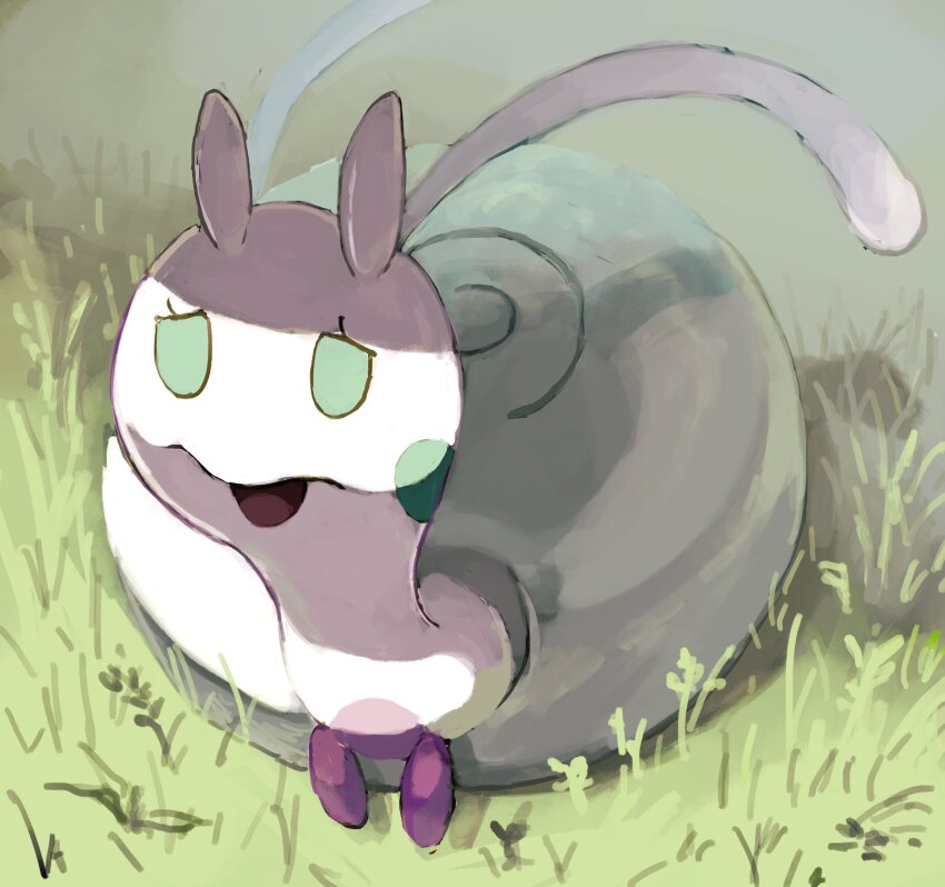 absurdres bishamon_(usagi_ba) colored_skin grass green_eyes highres hisuian_sliggoo horns looking_ahead nintendo no_humans open_mouth pink_skin pokemon shadow sitting snail_shell
