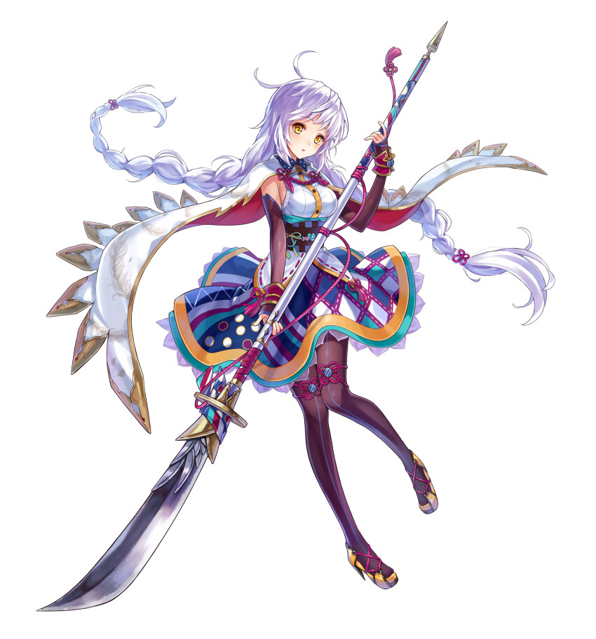 1girl absurdres ahoge bare_shoulders braid brown_pantyhose cloak commentary_request floating_cape floating_hair full_body high_heels highres holding holding_polearm holding_weapon long_hair looking_at_viewer mikan_ame_(gumi) naginata official_art pantyhose parted_lips phantom_of_the_kill polearm purple_hair second-party_source shinobi_nightmare shirasagi_(shinobi_nightmare) simple_background solo standing two-sided_cloak two-sided_fabric weapon white_background white_cloak white_hair yellow_eyes