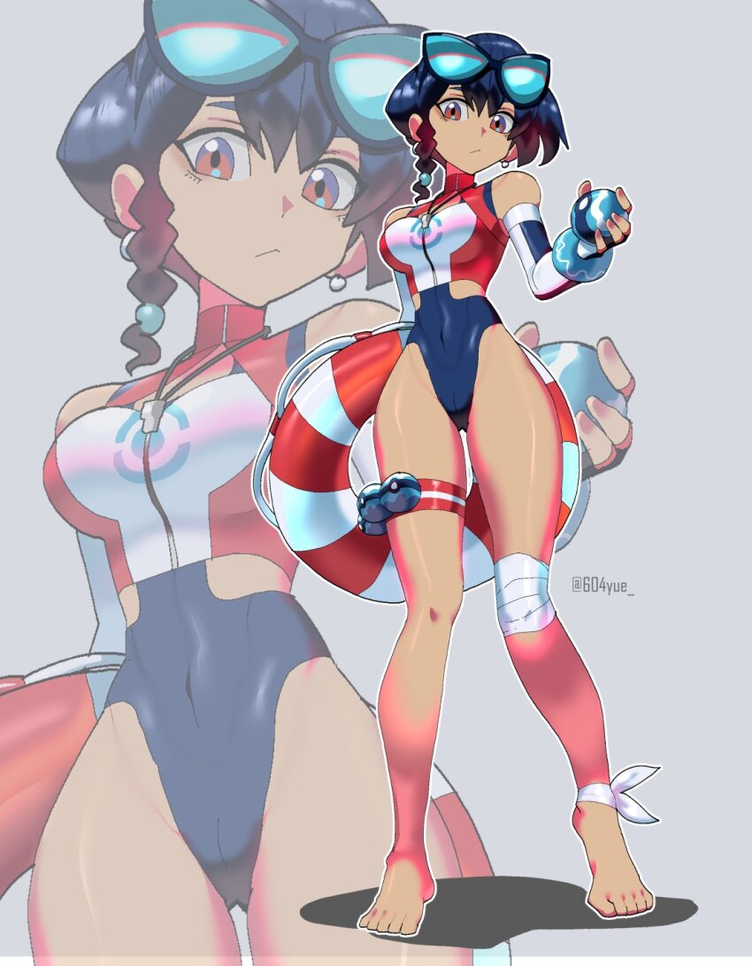 1girl 604yue artist_name barefoot black_hair borrowed_character braid breasts dive_ball earrings elbow_gloves eyewear_on_head fingerless_gloves gift_art gloves highres holding holding_swim_ring innertube jewelry large_breasts looking_at_viewer nintendo original poke_ball pokemon red_eyes single_braid solo sunglasses swim_ring swimsuit tan twitter_username