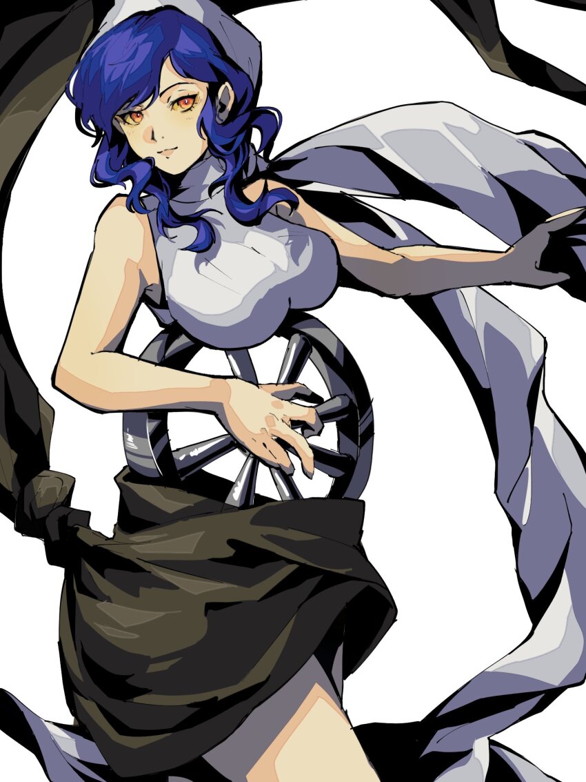1girl 4me3ba_niku blue_hair breasts closed_mouth fortuna_(megami_tensei) highres large_breasts long_hair looking_at_viewer pink_lips shin_megami_tensei simple_background smile solo wavy_hair wheel white_background yellow_eyes