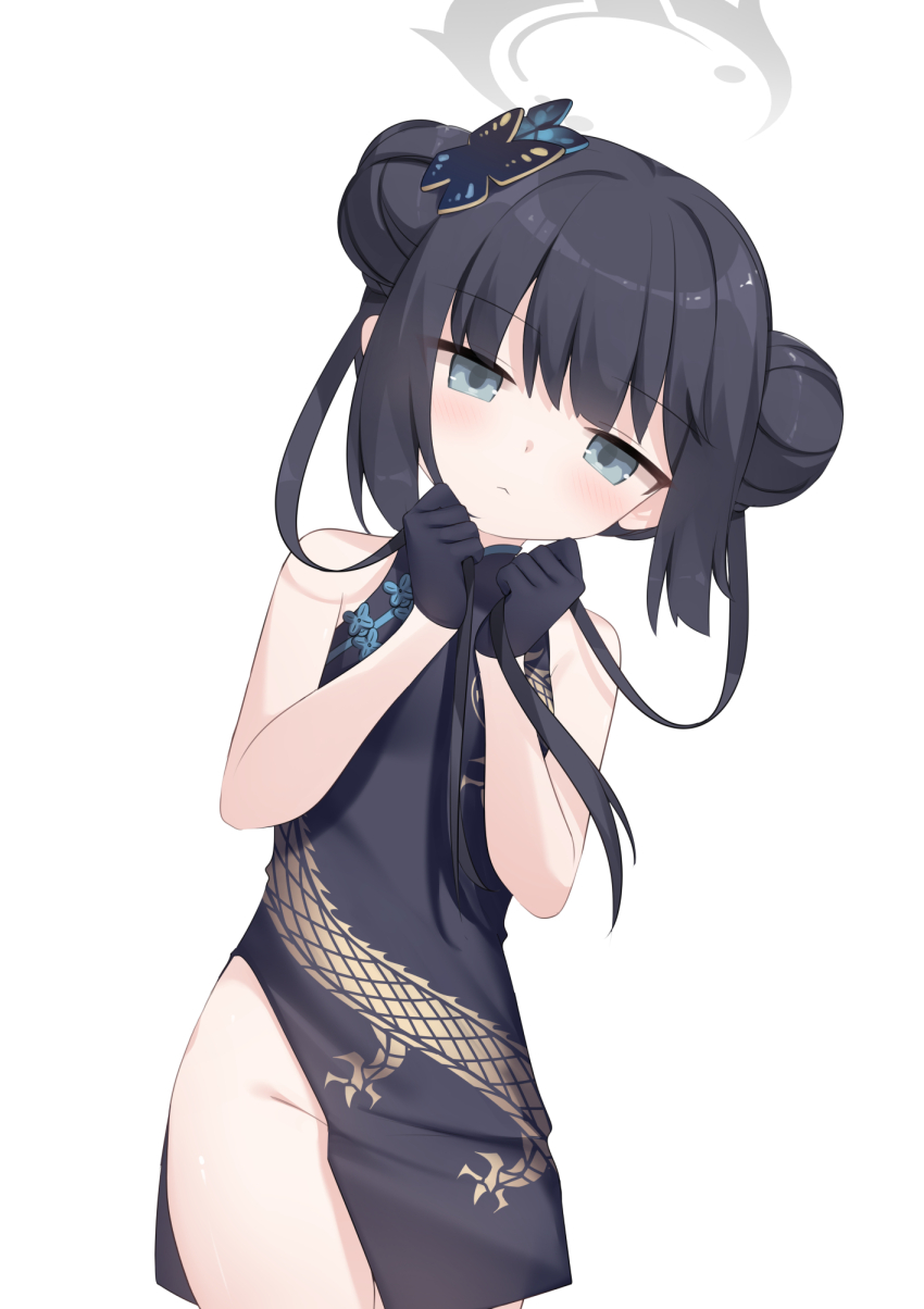 1girl black_dress black_gloves black_hair blue_archive blush bottomless butterfly_hair_ornament china_dress chinese_clothes commentary_request double_bun dress expressionless gloves grabbing_own_hair grey_eyes grey_halo hair_bun hair_ornament halo highres kisaki_(blue_archive) long_hair no_panties simple_background sleeveless sleeveless_dress solo thighs twintails umou_(may65879) white_background