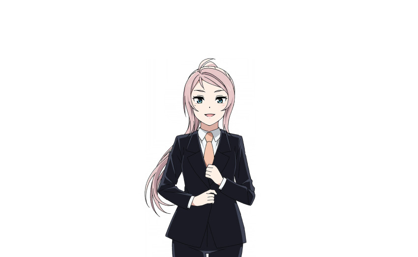 1girl ahoge black_pants black_suit blue_eyes blush business_suit clothes_grab cowboy_shot formal_clothes hand_up highres long_hair long_sleeves looking_at_viewer love_live! love_live!_nijigasaki_high_school_idol_club love_live!_school_idol_festival_2 mole mole_under_eye necktie official_alternate_hairstyle official_art open_mouth pants parted_bangs pink_hair pink_necktie ponytail shirt simple_background smile solo straight-on suit transparent_background white_shirt zhong_lanzhu