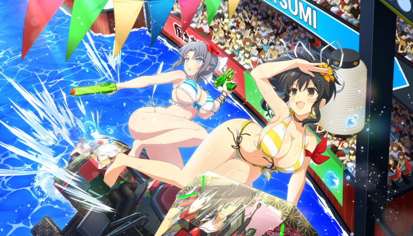 6+boys 6+girls 6+others :d :o arm_scarf asuka_(senran_kagura) audience bikini black_hair blue_bikini blue_eyes blush bow breasts brown_eyes character_print cleavage collarbone crossover crowd dolphin_wave flower frilled_bikini frills front-tie_bikini_top front-tie_top game_cg grey_hair hair_bow hair_flower hair_ornament hair_ribbon hibiscus highres holding holding_water_gun homura_(senran_kagura) jet_ski kunai lantern large_breasts linea_alba miyabi_(senran_kagura) multicolored_bikini multiple_boys multiple_girls multiple_others navel non-web_source official_alternate_costume official_art on_jet_ski ootomo_takuji open_mouth outdoors paper_lantern people ponytail red_flower red_scarf ribbon riding scarf senran_kagura senran_kagura_new_link short_hair short_ponytail side-tie_bikini_bottom smile splashing string_of_flags striped_bikini striped_bow striped_clothes swimsuit thigh_gap thighs water water_drop water_gun watercraft weapon white_bow white_ribbon yumi_(senran_kagura)