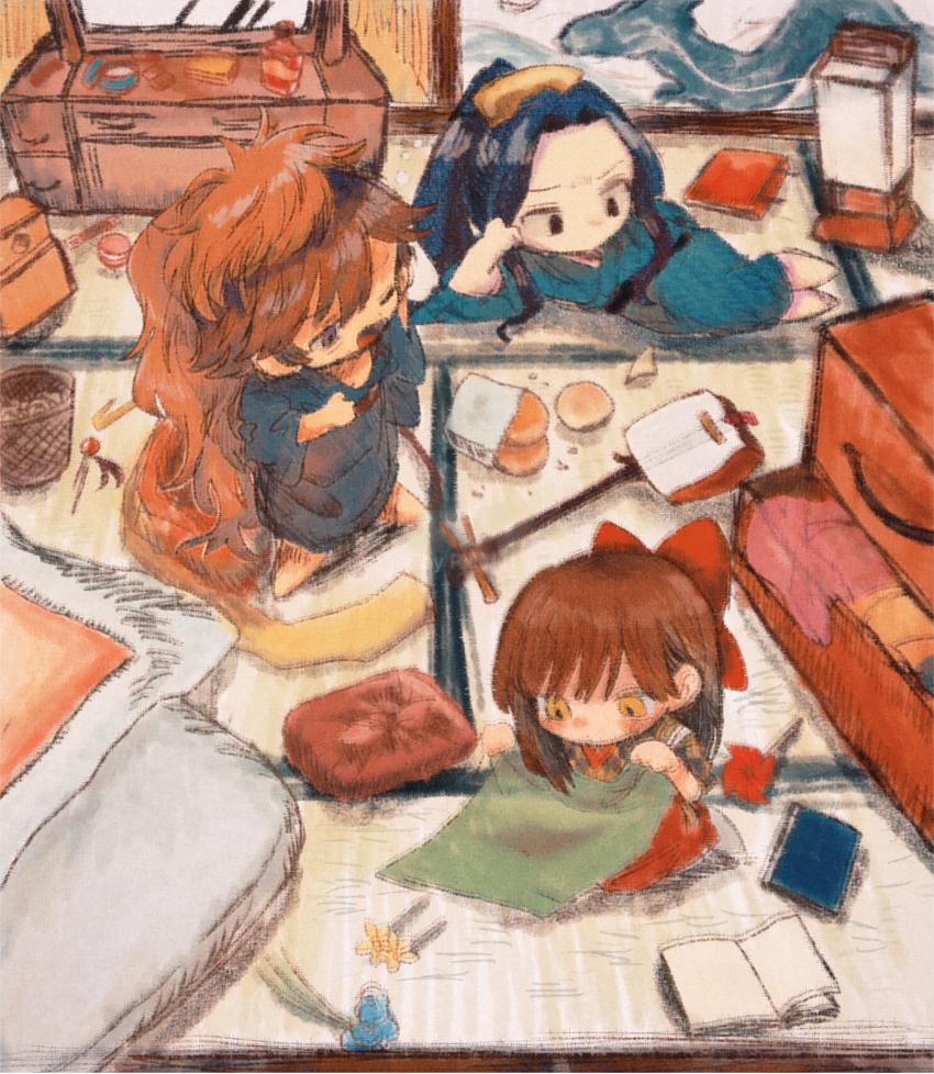 1boy 2girls ayazuki_mei barefoot biwa_lute black_eyes black_kimono black_sleeves blanket blue_hair blue_kimono blue_sleeves blush_stickers book bow brown_hair character_request checkered_clothes checkered_kimono checkered_sleeves chibi comb detached_sleeves flower food full_body futon hair_bow hakama hakama_skirt hand_on_own_head high_ponytail highres holding holding_blanket indoors instrument japanese_clothes kimono kneeling long_hair long_sleeves lute_(instrument) lying makeup meiji_tokyo_renka multiple_girls on_side one_eye_closed open_book open_mouth parted_lips pen pillow ponytail red_bow red_hakama scissors short_kimono sidelocks skirt smile standing sugi_haeru suitcase tatami two-tone_kimono two-tone_sleeves very_long_hair wide_sleeves yellow_eyes yellow_flower yellow_kimono yellow_sleeves